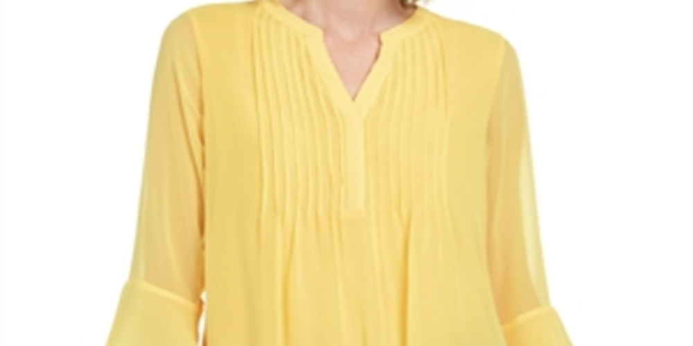 Charter Club Blusa Feminina com Babados Duplos e Estampa Pintuck, Amarela, Tamanho Médio