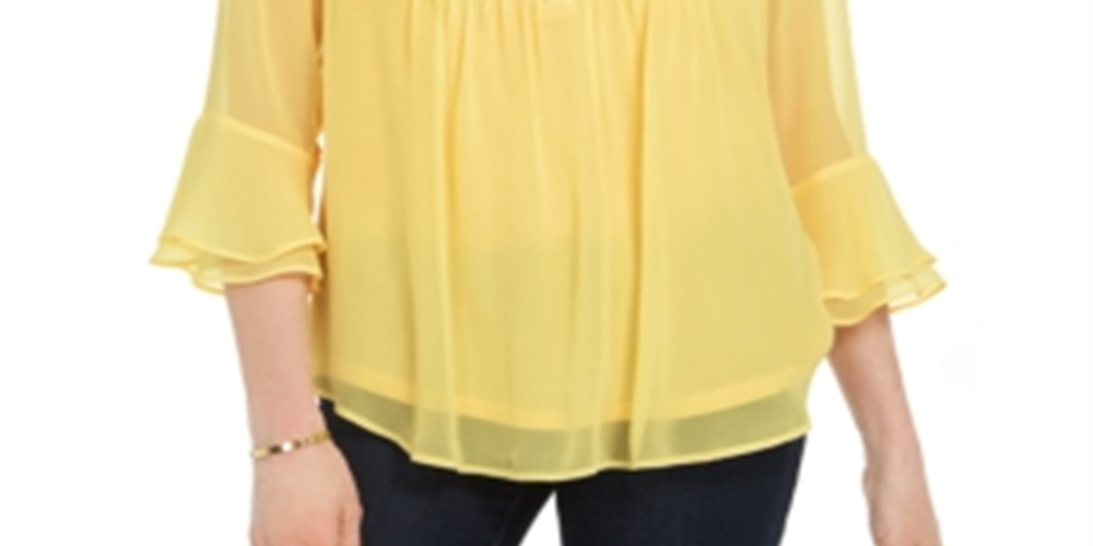 Charter Club Blusa Feminina com Babados Duplos e Estampa Pintuck, Amarela, Tamanho Médio