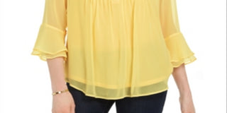 Charter Club Blusa Feminina com Babados Duplos e Estampa Pintuck, Amarela, Tamanho Médio