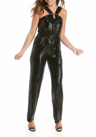 Macacão feminino Michael Kors com alças finas e strass, preto, tamanho pequeno