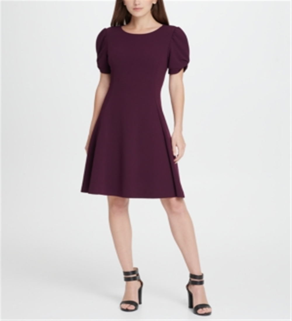 Vestido feminino DKNY de manga curta, gola alta, acima do joelho, estilo flare, para usar no trabalho, roxo, tamanho 4
