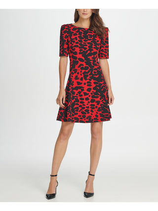 DKNY Women's Zippered Animal Print Short Sleeve Jewel Neck Above the Knee Fit Flare Dress Red Size 14