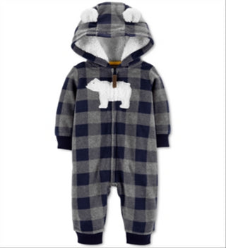 Macacão Carter's Boy's Plaid Buffalo Check com orelhas de urso polar e capuz de lã cinza, tamanho 3MOS