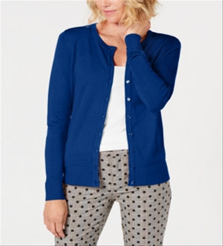 Cardigan feminino de manga comprida com botões na frente, azul, tamanho grande