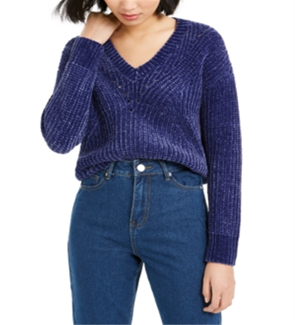 Suéter curto feminino Bar III com decote em V e ilhós, roxo, tamanho extragrande
