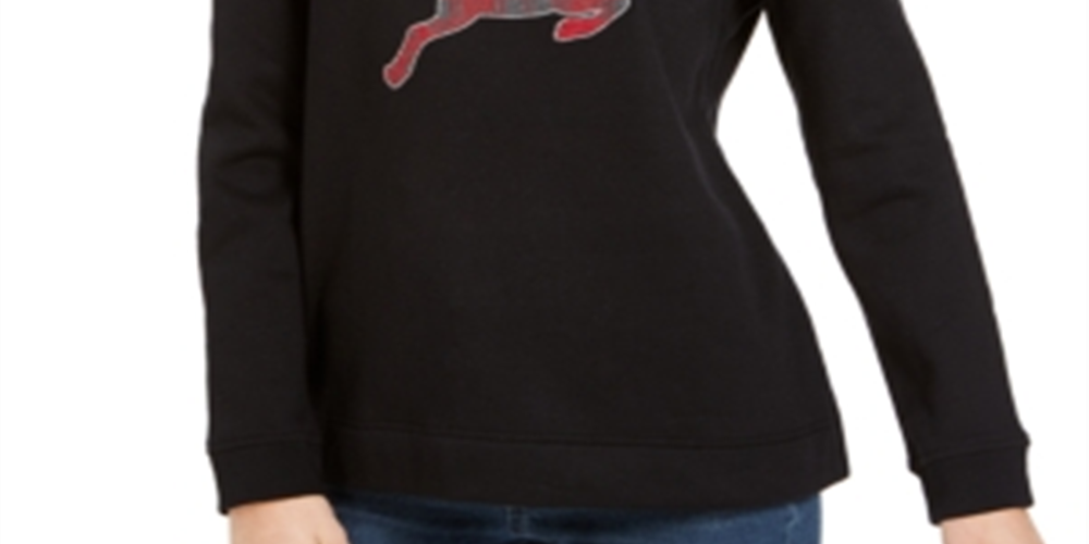 Camiseta feminina Karen Scott estampada, manga comprida, gola redonda, preta, tamanho X-S