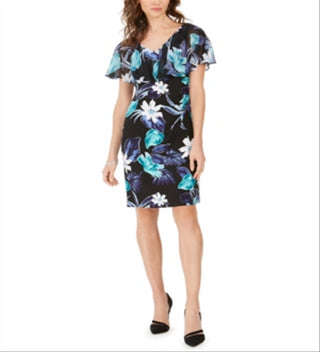 Connected Apparel Women's Floral Print Popover Sheath Dress Blue Size 10