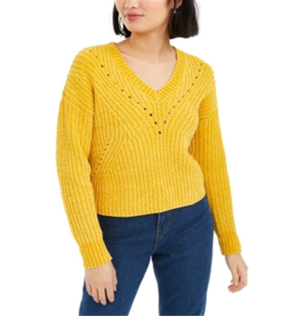 Suéter curto feminino Bar III com decote em V e ilhós, amarelo, tamanho grande