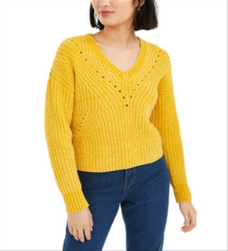 Suéter curto feminino Bar III com decote em V e ilhós, amarelo, tamanho grande