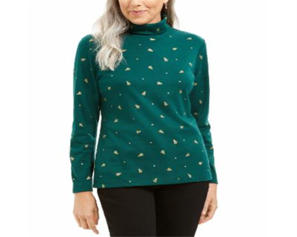 Blusa feminina Karen Scott com estampa de gola alta, verde, tamanho pequeno