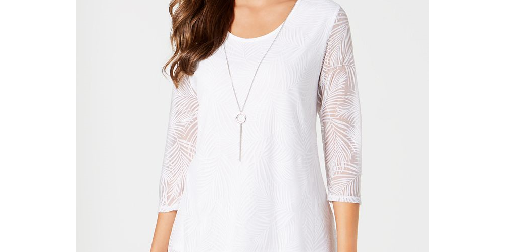 Jm Collection Top Feminino Petite Overlay com Colar Branco Brilhante Tamanho Petite XL