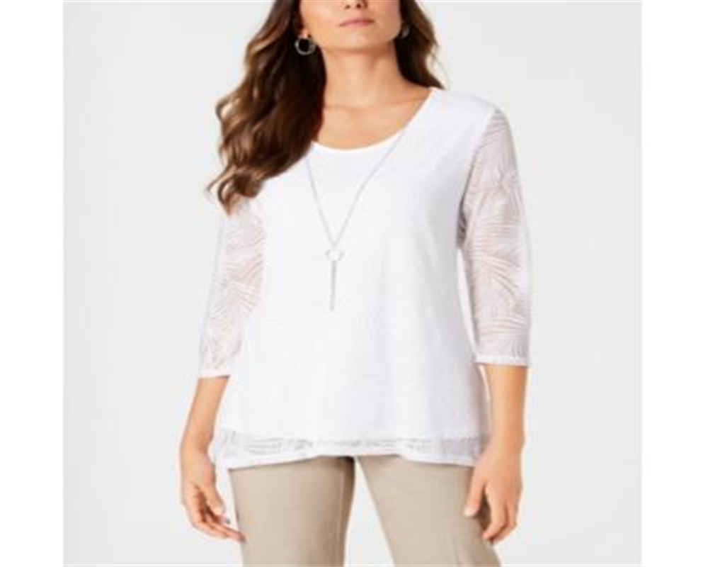 Jm Collection Top Feminino Petite Overlay com Colar Branco Brilhante Tamanho Petite XL