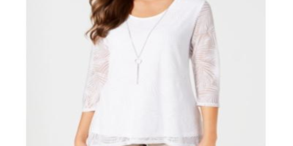 Jm Collection Top Feminino Petite Overlay com Colar Branco Brilhante Tamanho Petite XL