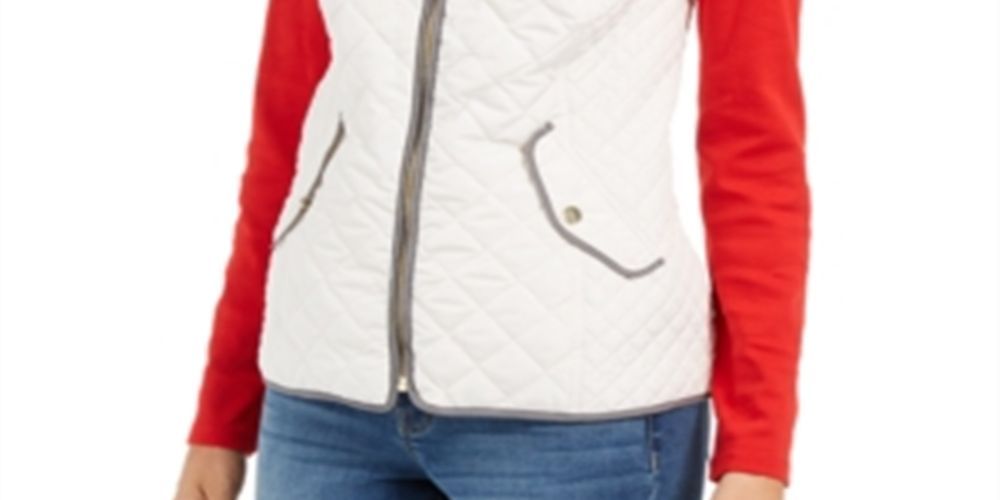 Colete feminino Charter Club de algodão acolchoado com zíper frontal, tamanho pequeno, branco, extrapequeno