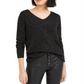Blusa feminina Bar III com glitter franzido e decote em V, manga comprida, preta, tamanho X-S