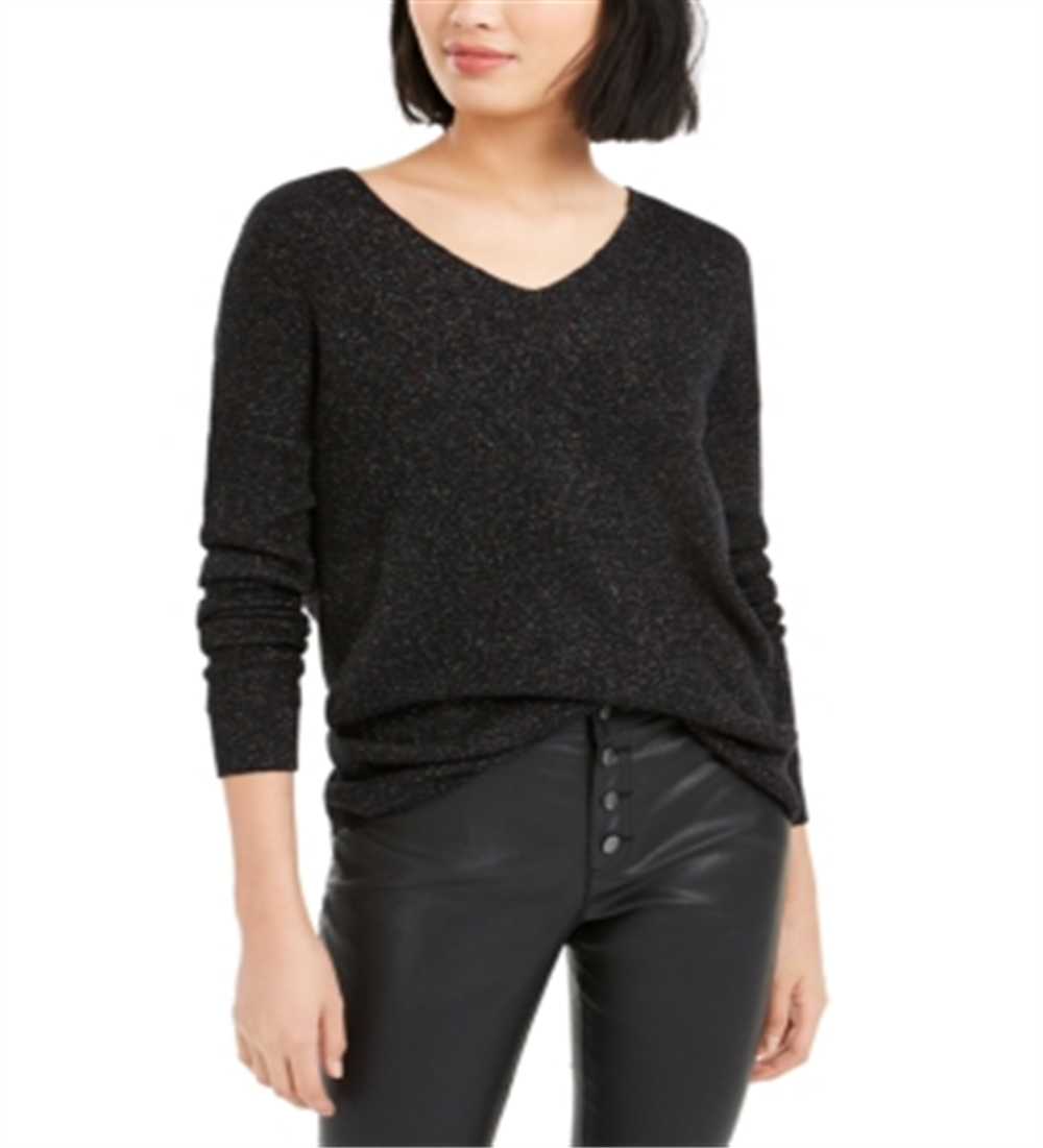 Blusa feminina Bar III com glitter franzido e decote em V, manga comprida, preta, tamanho X-S