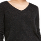 Blusa feminina Bar III com glitter franzido e decote em V, manga comprida, preta, tamanho X-S