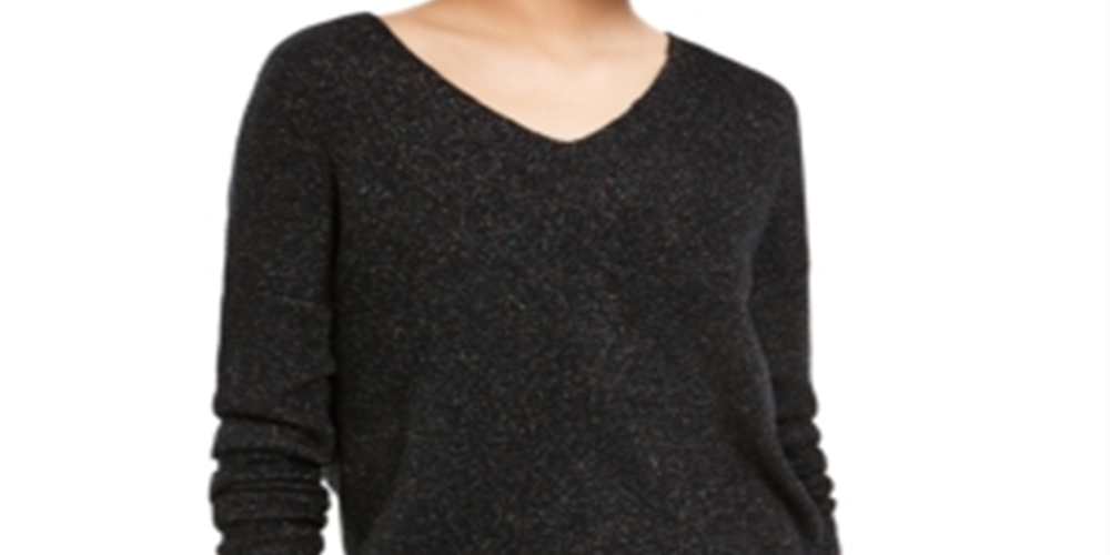Blusa feminina Bar III com glitter franzido e decote em V, manga comprida, preta, tamanho X-S