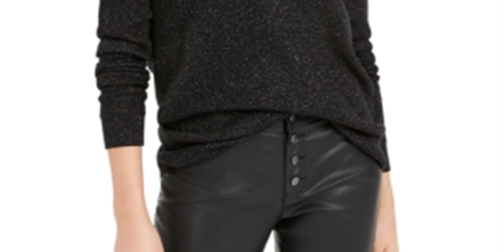 Blusa feminina Bar III com glitter franzido e decote em V, manga comprida, preta, tamanho X-S