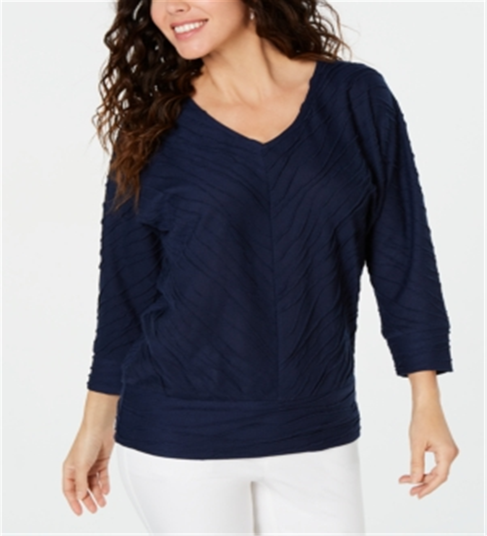 JM Collection Blusa feminina texturizada com manga dolman, azul, tamanho médio