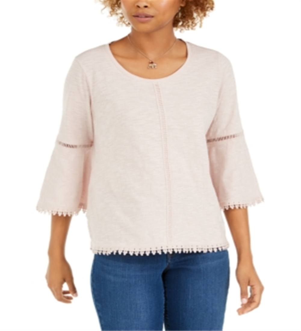 Blusa feminina estilo &amp; co com manga sino e acabamento em crochê, marrom, tamanho pequeno