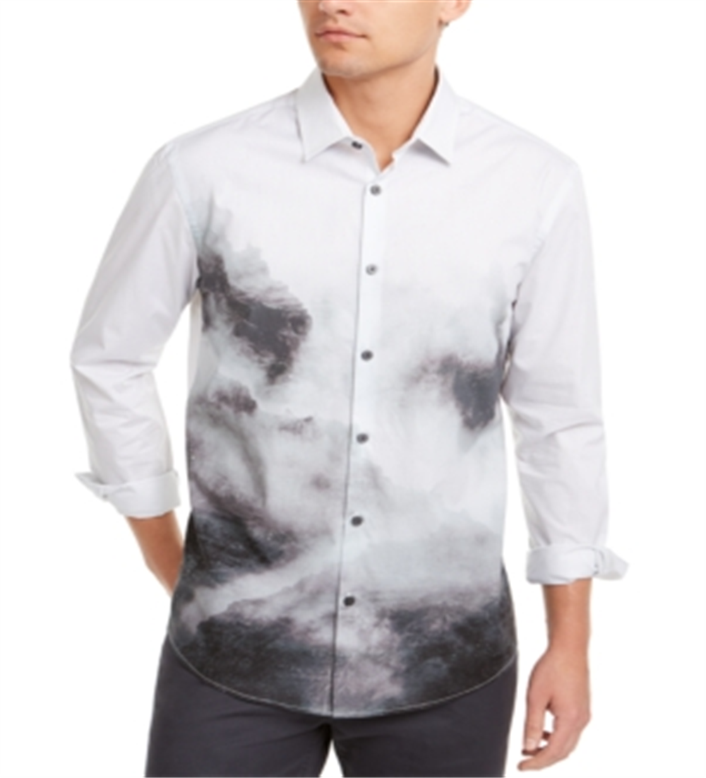 Camisa casual masculina Alfani com botões frontais e manga comprida, cinza, tamanho pequeno
