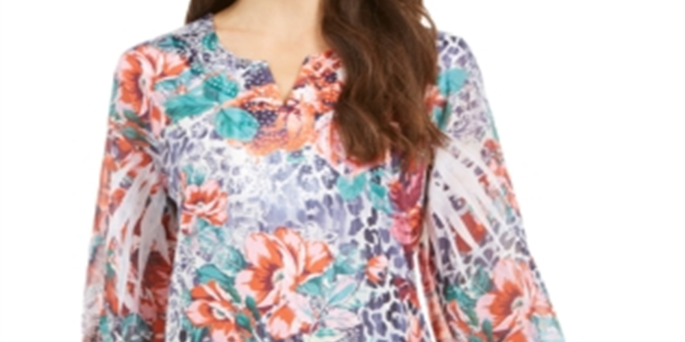 JM Collection Top feminino estampado com strass e detalhes em vermelho, tamanho XS