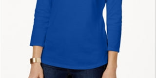 Charter Club Top feminino de algodão Pima com decote canoa e botões, azul, tamanho 2XL