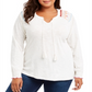 Blusa feminina estilo &amp; co plus size de algodão bordado com gola amarrada, branco fresco, tamanho 0X