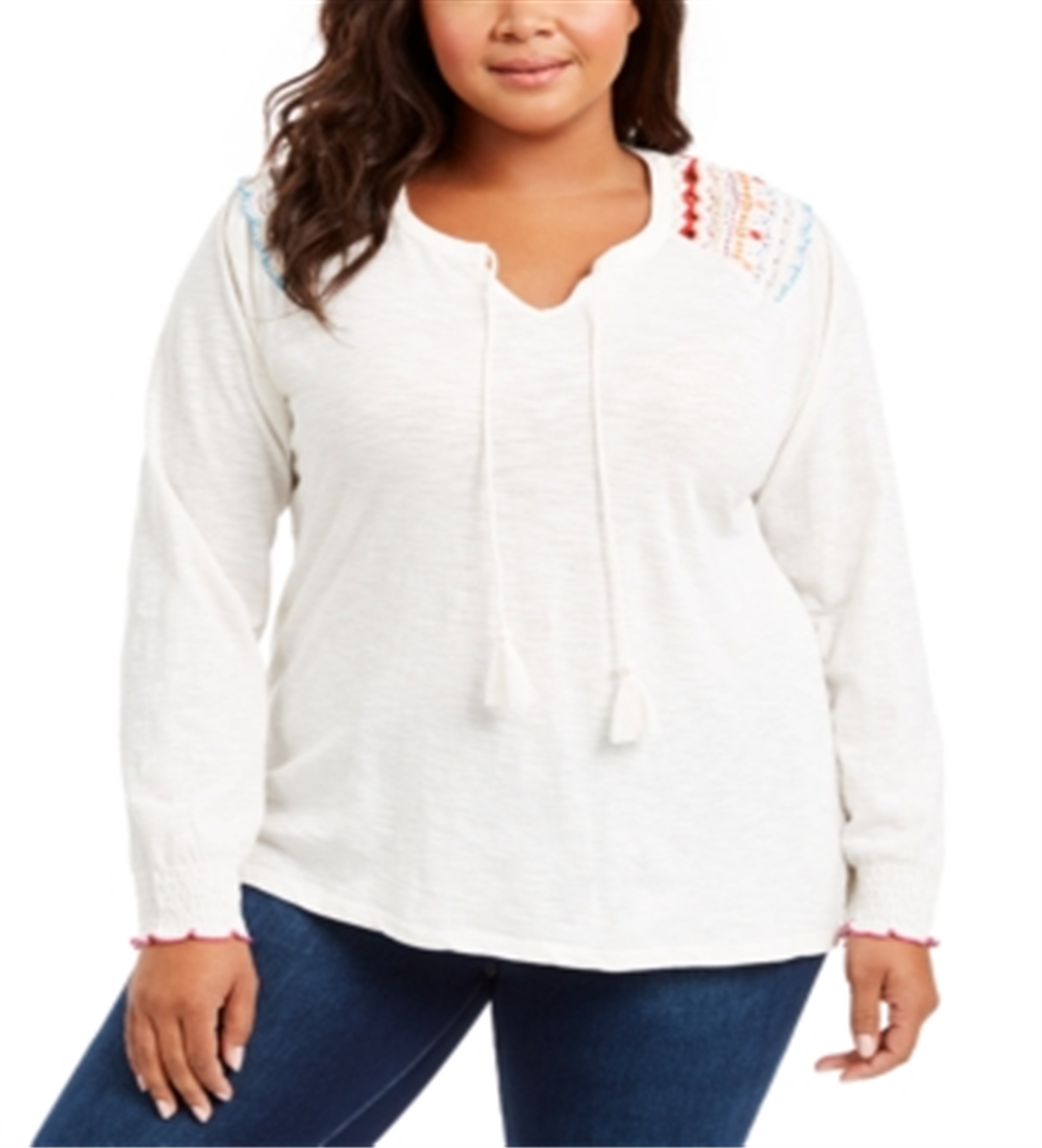 Blusa feminina estilo &amp; co plus size de algodão bordado com gola amarrada, branco fresco, tamanho 0X