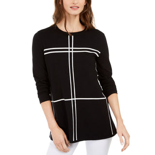 Alfani Suéter Feminino com Estampa de Grade, Manga Longa e Gola Redonda, Preto, Tamanho Pequeno