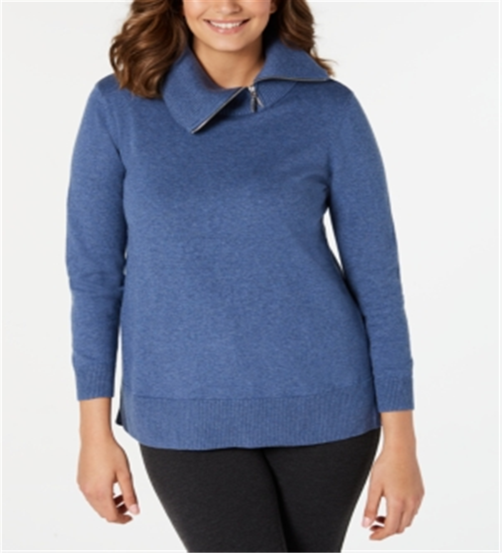 Karen Scott Suéter Feminino de Algodão com Zíper e Gola Azul Tamanho X-G