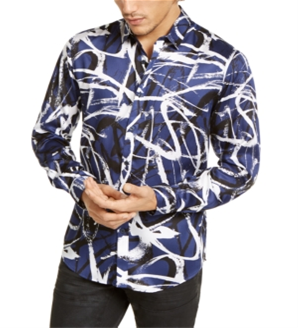 Camisa masculina de cetim estampada com botões da INC International Concepts, azul, tamanho 2XB