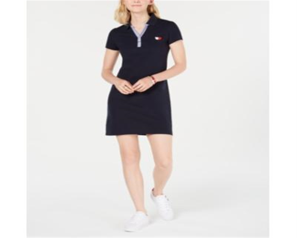 Vestido polo feminino Tommy Hilfiger de manga curta, preto, tamanho grande