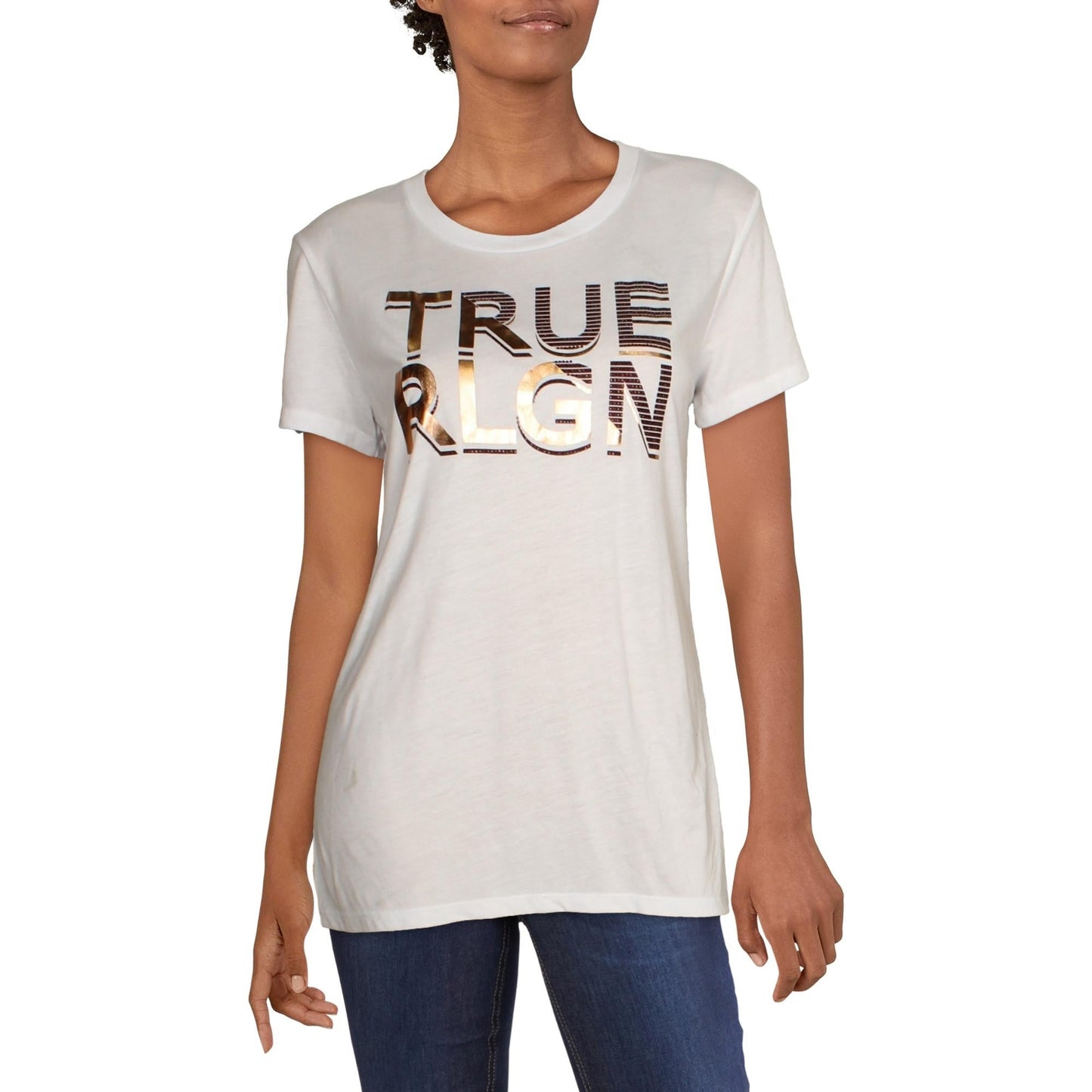 Camiseta feminina True Religion com logotipo gráfico embelezado, branca, tamanho G