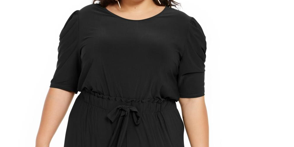 Macacão feminino plus size com mangas bufantes elásticas NY Collection, preto, tamanho 2X