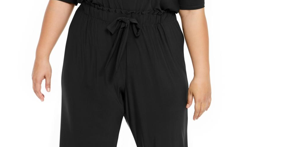 Macacão feminino plus size com mangas bufantes elásticas NY Collection, preto, tamanho 2X