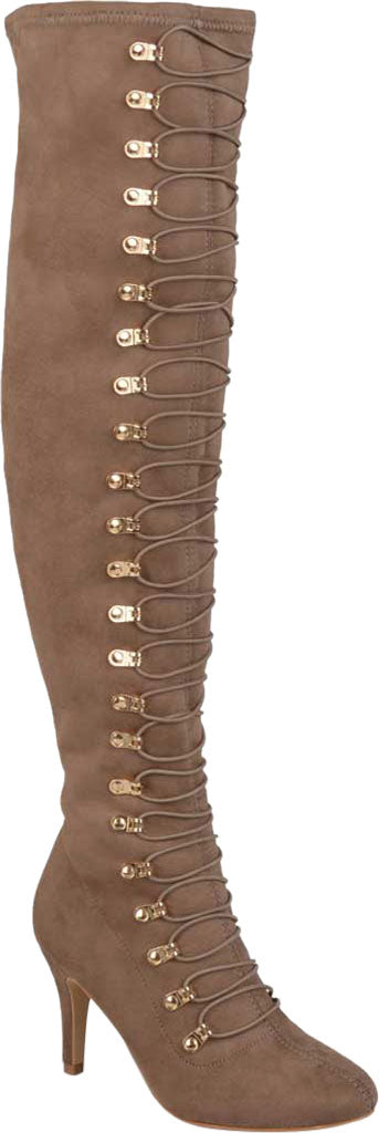 Botas femininas Journee Collection com zíper e cadarços elásticos, cano largo, conforto, bico redondo, salto agulha, marrom, tamanho 12M