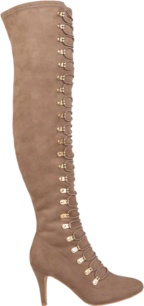 Botas femininas Journee Collection com zíper e cadarços elásticos, cano largo, conforto, bico redondo, salto agulha, marrom, tamanho 12M