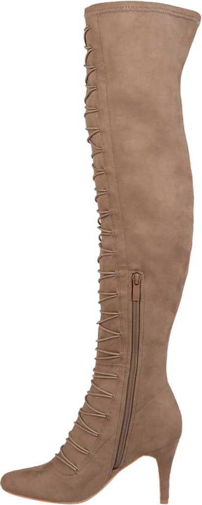 Botas femininas Journee Collection com zíper e cadarços elásticos, cano largo, conforto, bico redondo, salto agulha, marrom, tamanho 12M