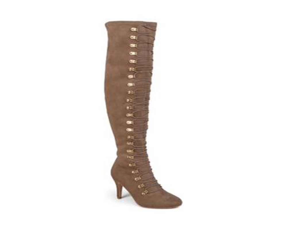 Botas femininas Journee Collection com zíper e cadarços elásticos, cano largo, conforto, bico redondo, salto agulha, marrom, tamanho 12M