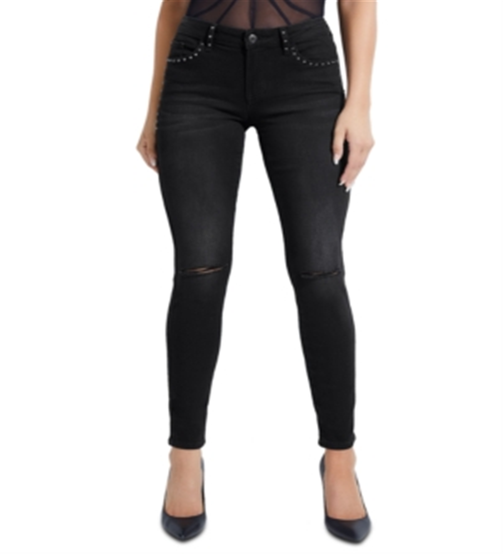 Calça jeans skinny Guess Selah Studded Curve feminina, preta, tamanho 30