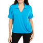 Blusa de malha com gola Alfani feminina, azul turquesa selvagem, tamanho pequeno, extrapequeno