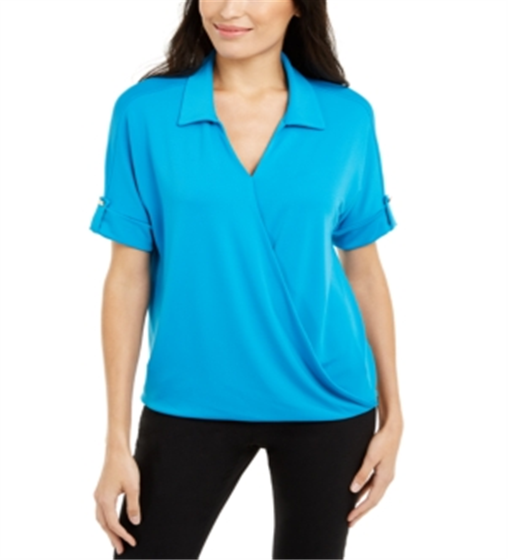 Blusa de malha com gola Alfani feminina, azul turquesa selvagem, tamanho pequeno, extrapequeno