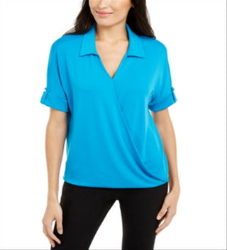 Blusa de malha com gola Alfani feminina, azul turquesa selvagem, tamanho pequeno, extrapequeno