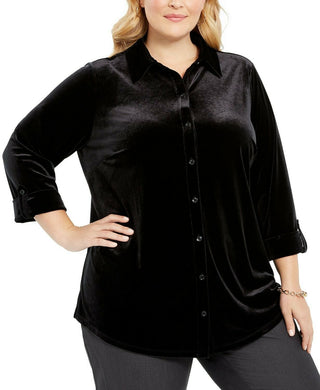 Charter Club Plus Size Feminino com Botões Frontais em Veludo Preto Tamanho 1X