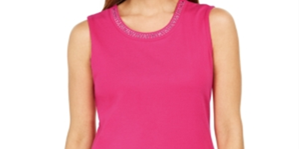 Karen Scott Blusa de algodão com decote embelezado para mulheres, rosa, tamanho extragrande