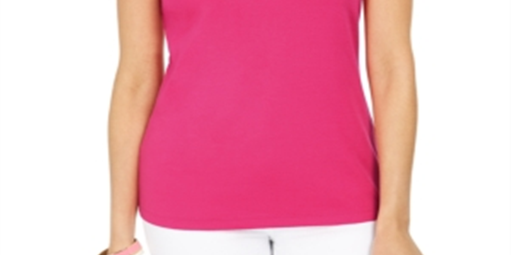 Karen Scott Blusa de algodão com decote embelezado para mulheres, rosa, tamanho extragrande