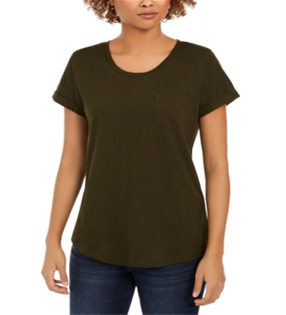 Camiseta feminina de algodão com gola redonda, tamanho X-S, verde, estilo &amp; co