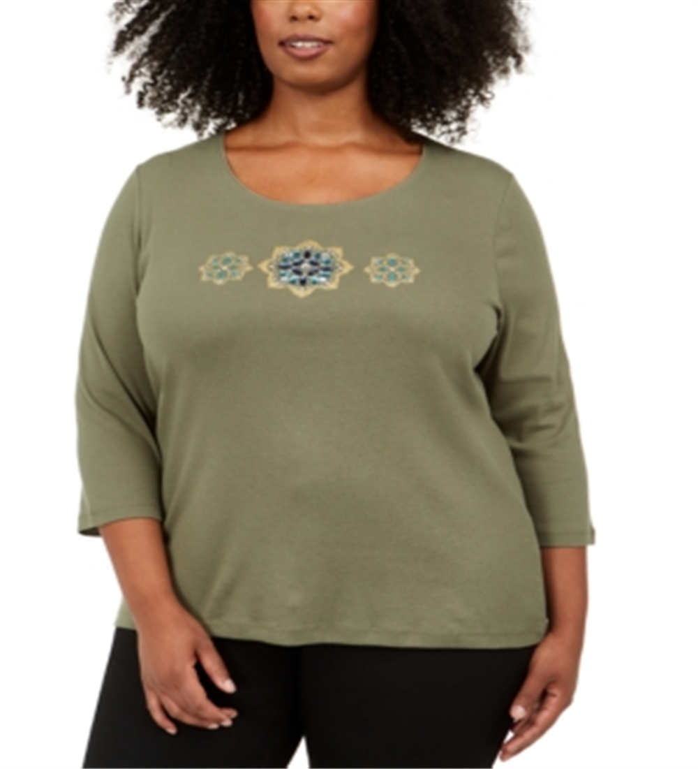 Karen Scott Camisa Plus Size Feminina com Lantejoulas e Flores Verde Tamanho 4X